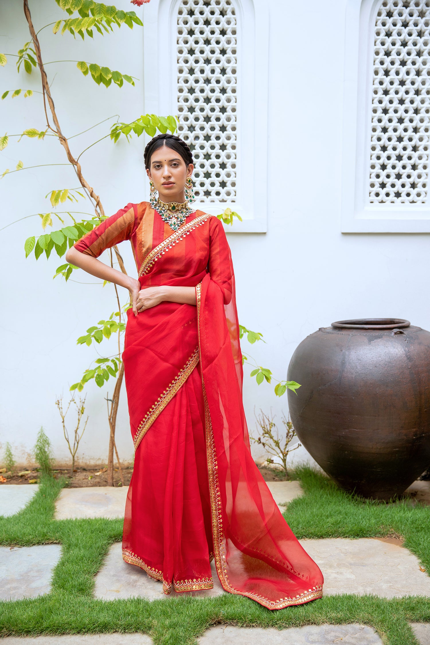 Red Gota Patti Border Saree Set