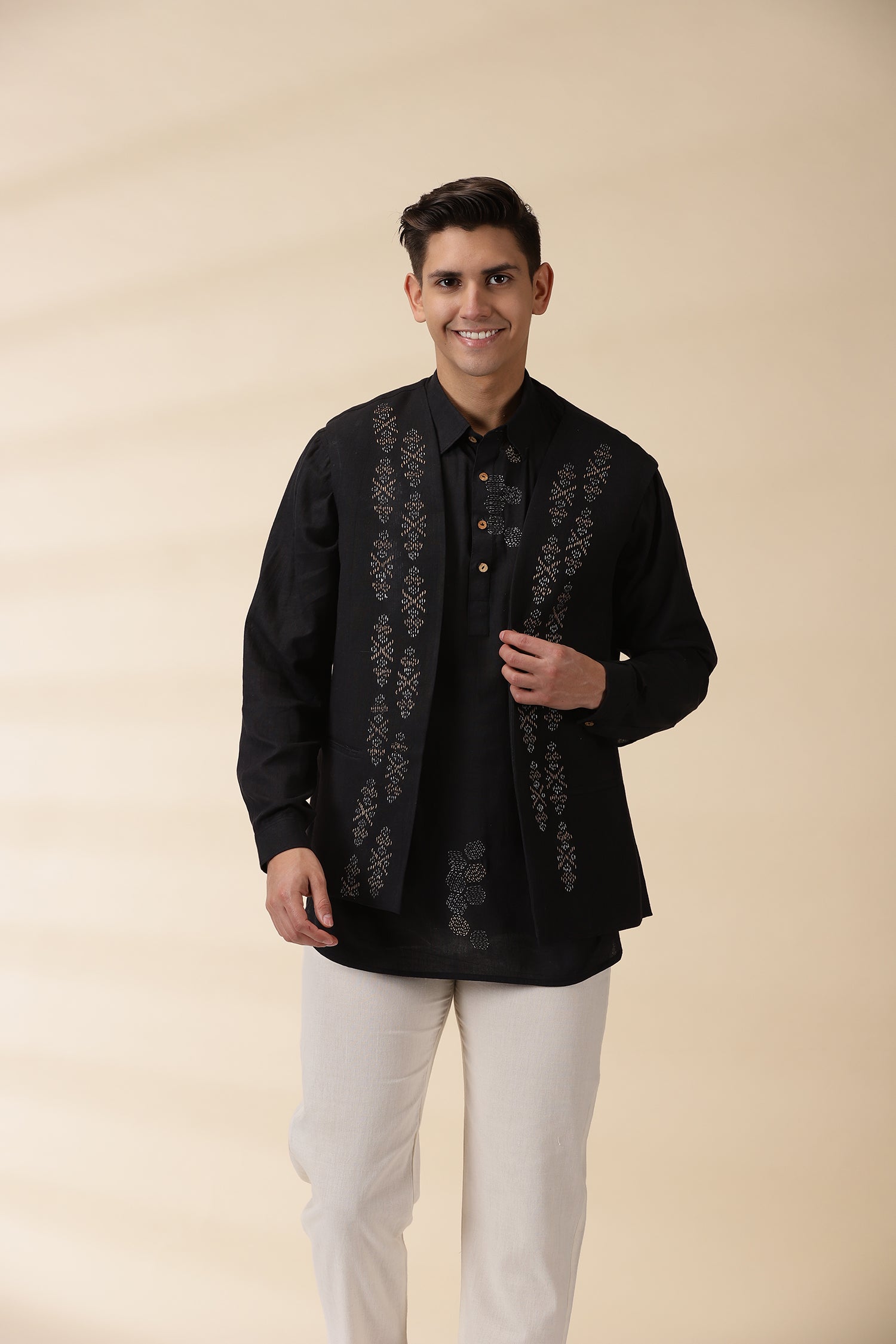 Short Kurta & Sadri Set - Black