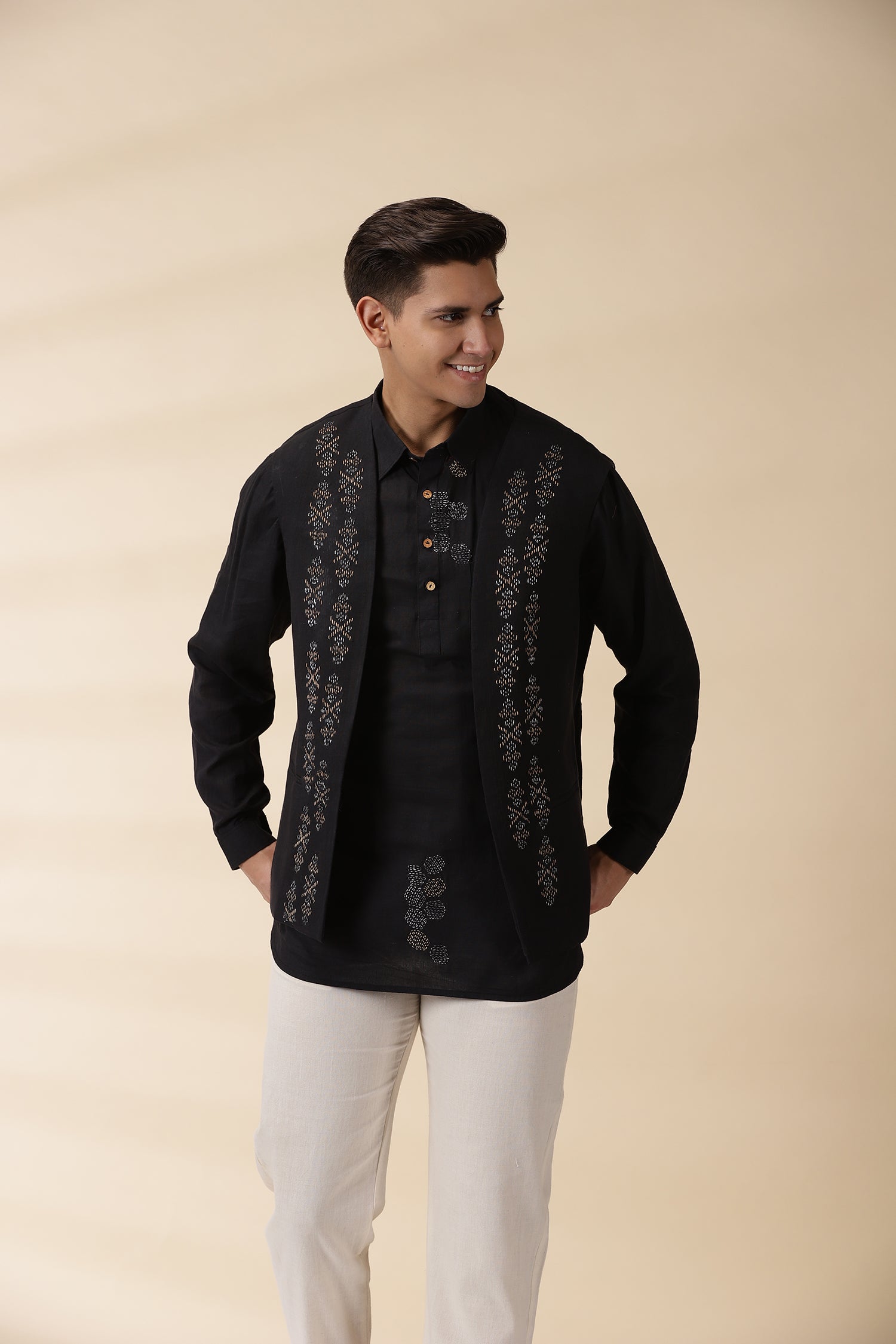 Short Kurta & Sadri Set - Black