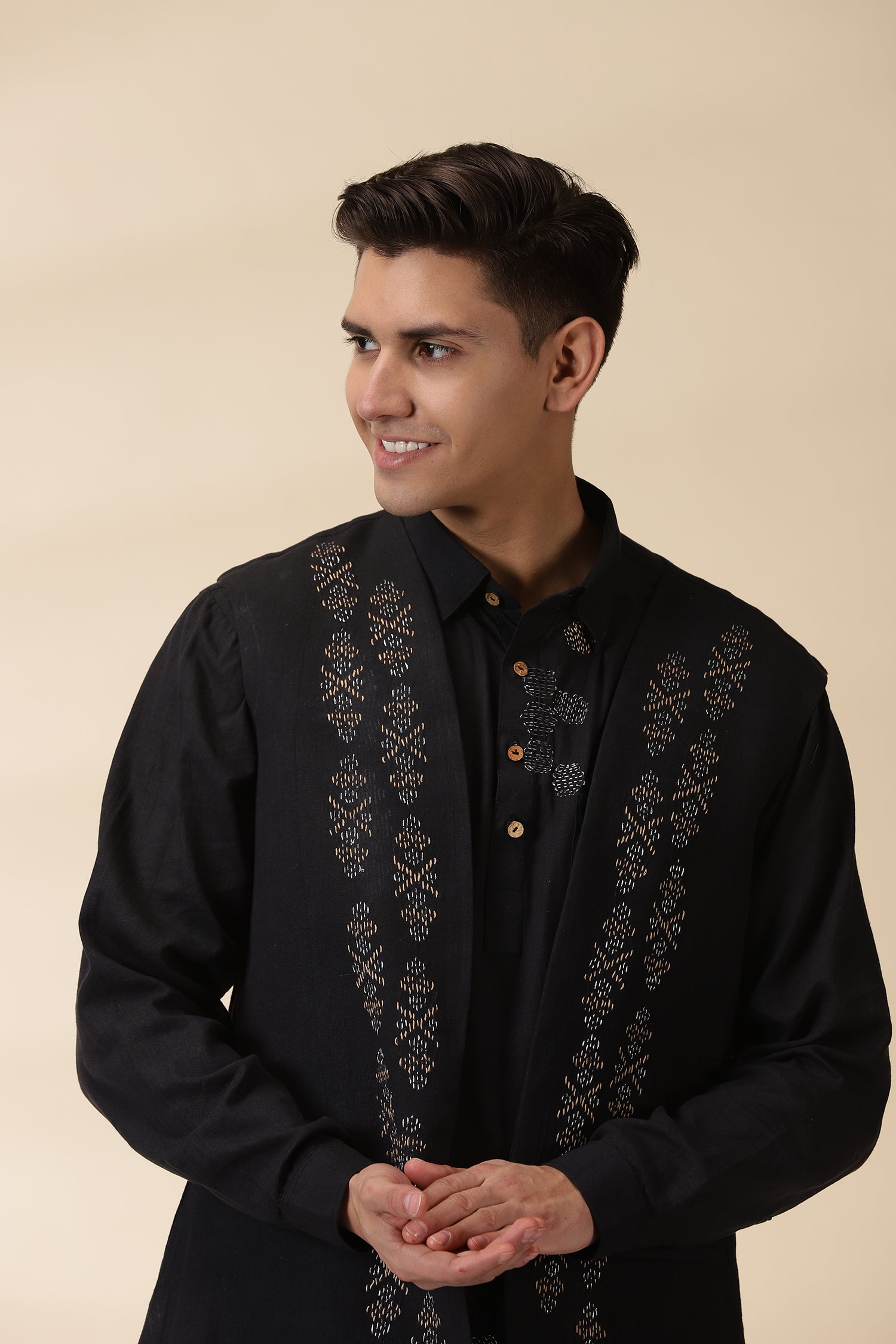 Short Kurta & Sadri Set - Black