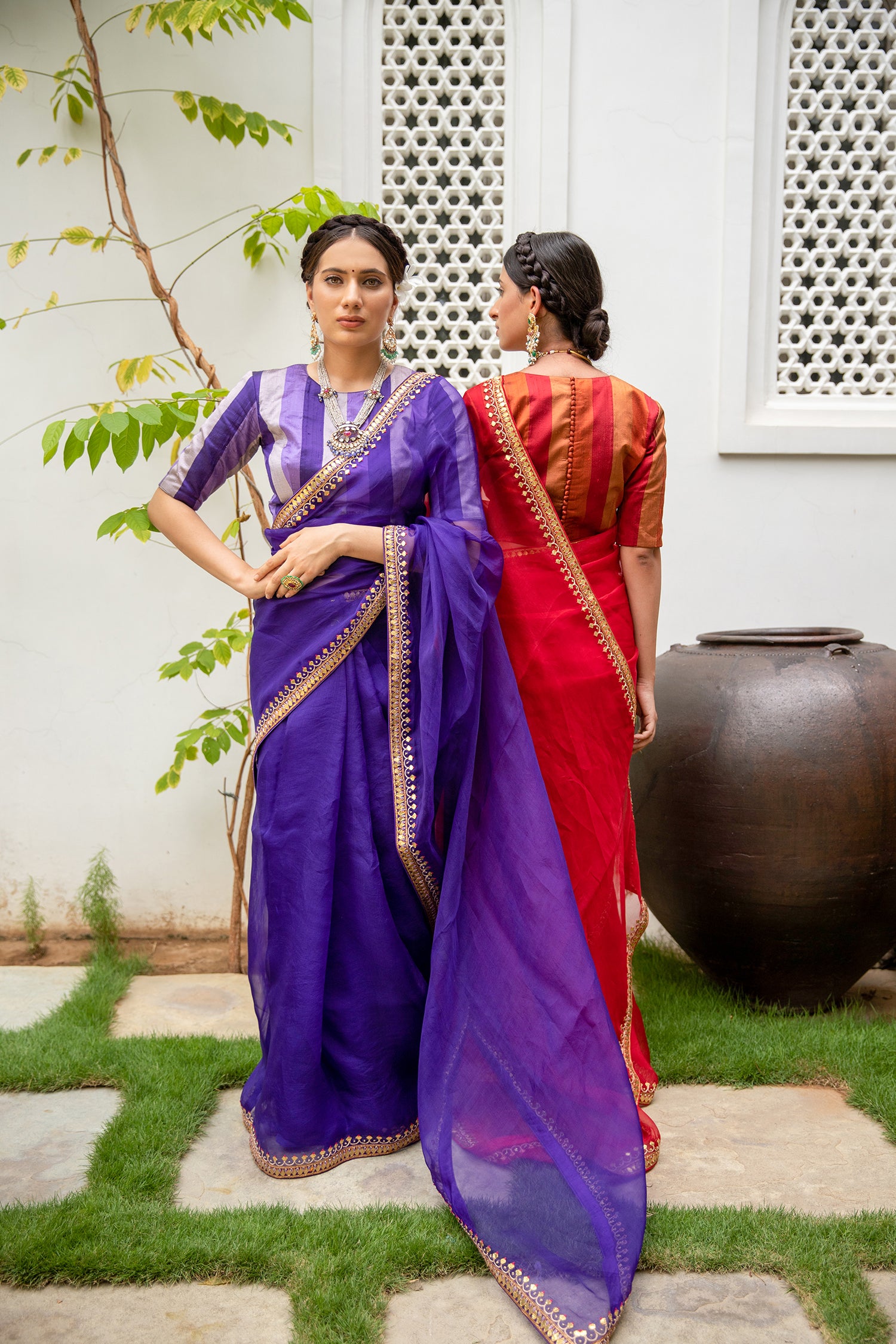 Deep Purple Gota Patti Border Saree Set