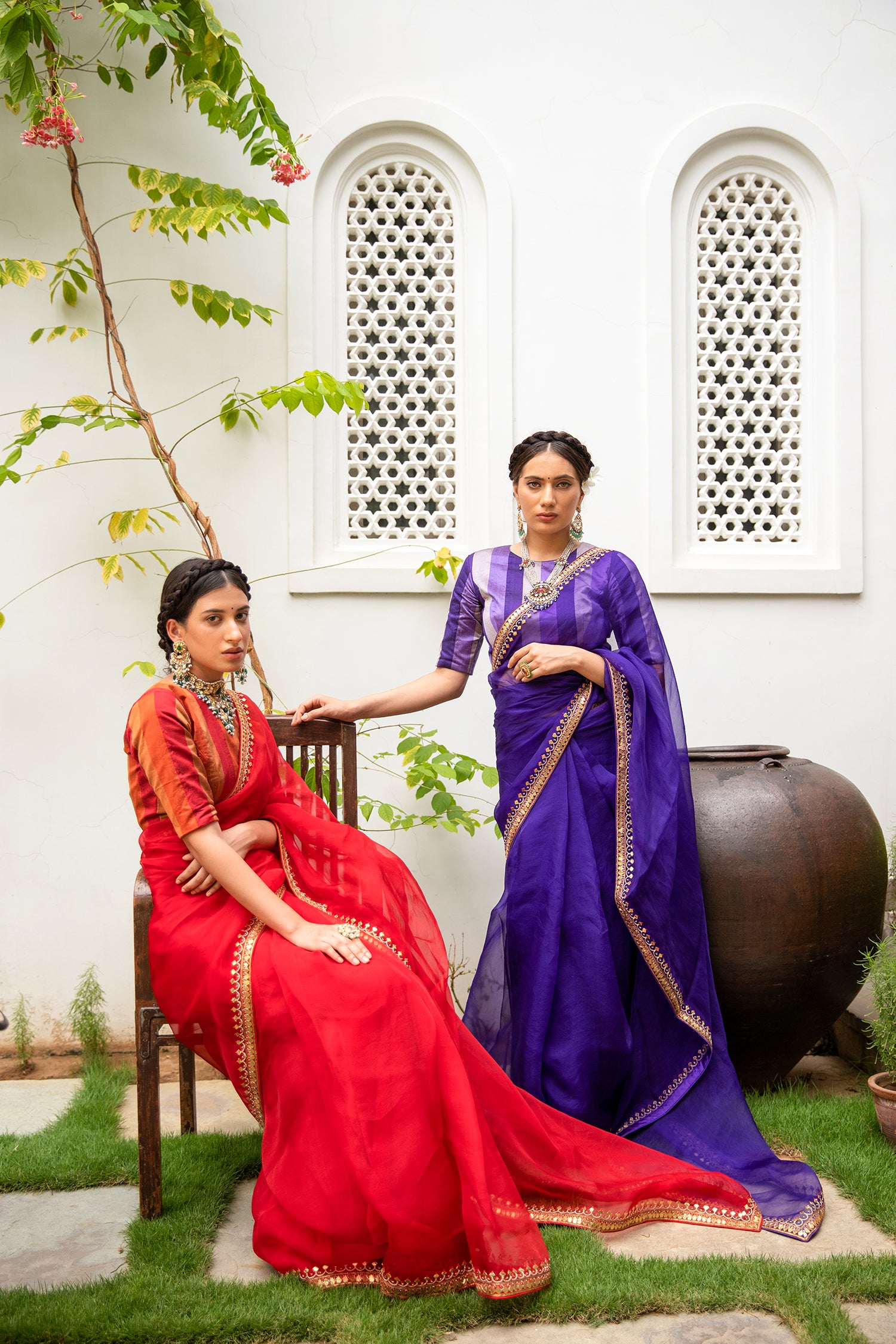 Deep Purple Gota Patti Border Saree Set