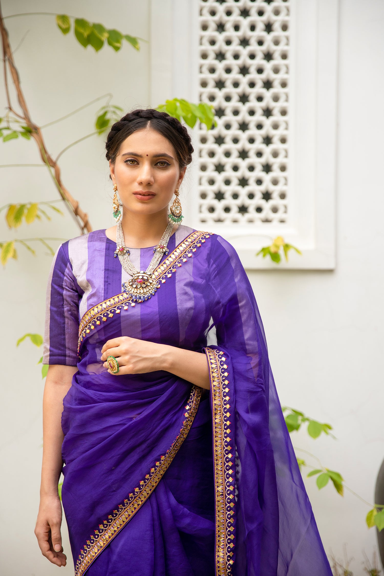 Deep Purple Gota Patti Border Saree Set