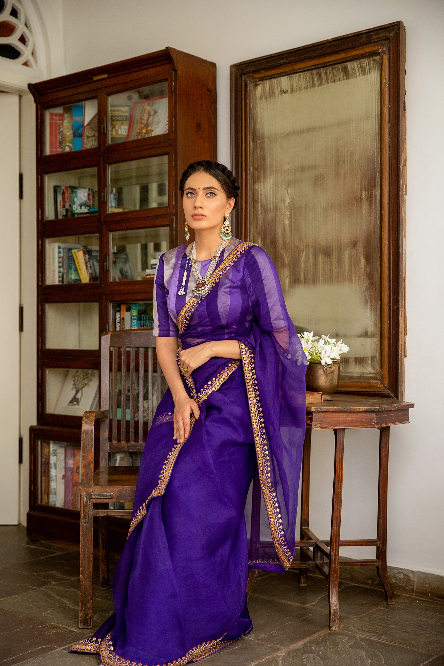 Deep Purple Gota Patti Border Saree Set