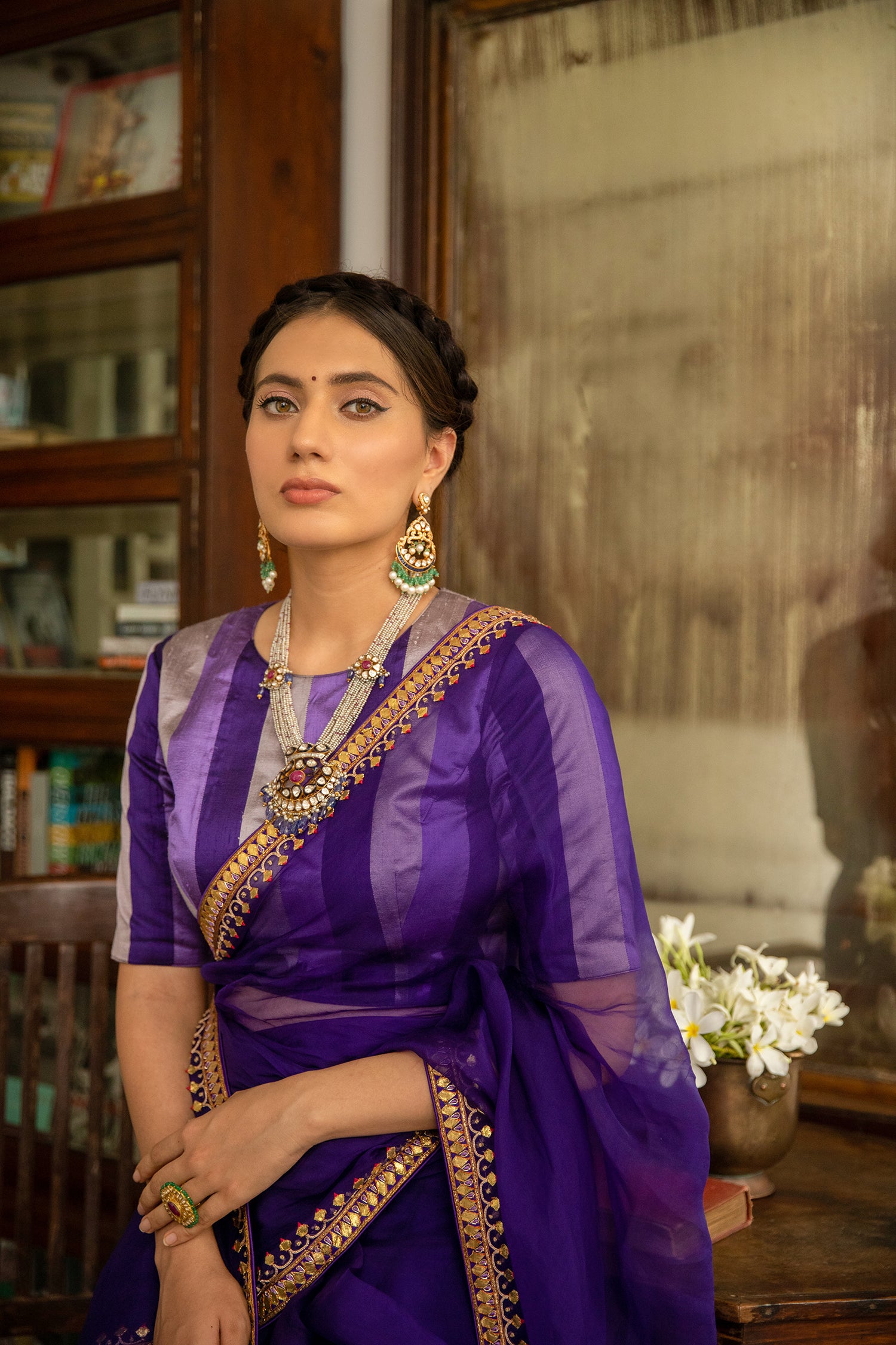 Deep Purple Gota Patti Border Saree Set