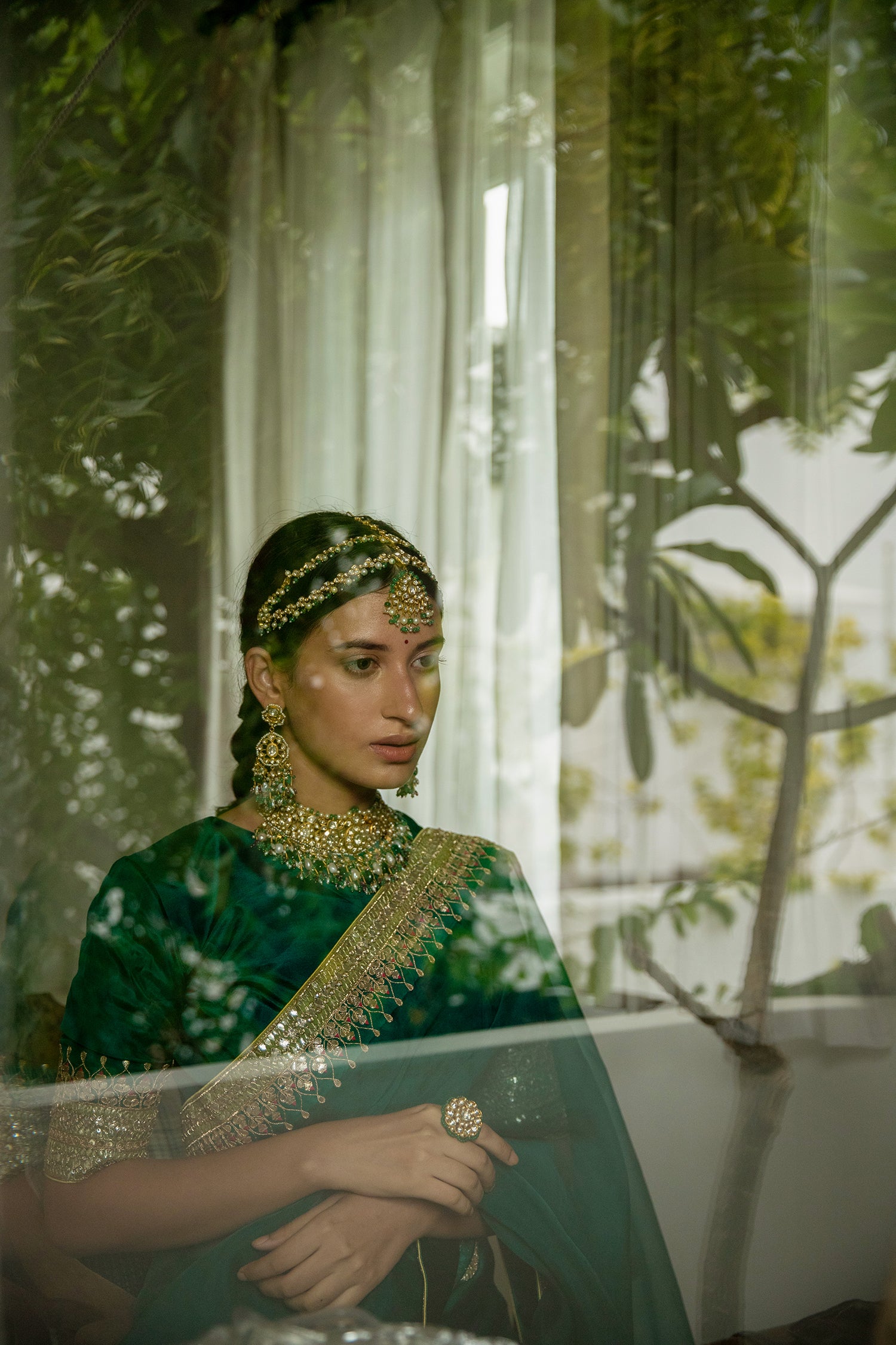 Emerald Green Hand Embroidered Gota Patti Bridal Saree Set