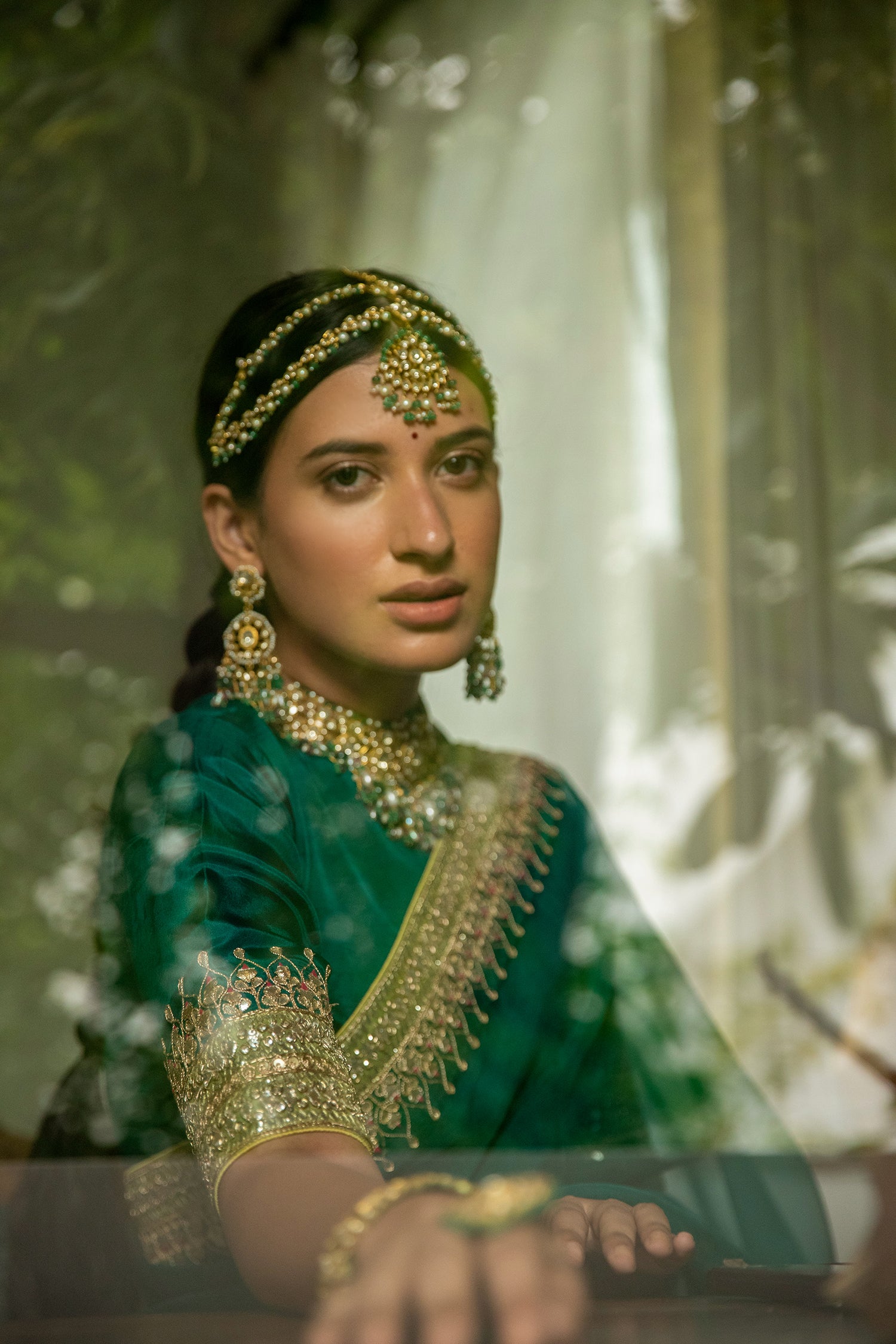 Emerald Green Hand Embroidered Gota Patti Bridal Saree Set