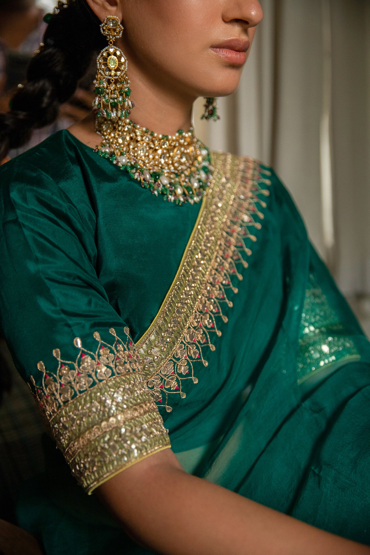 Emerald Green Hand Embroidered Gota Patti Bridal Saree Set