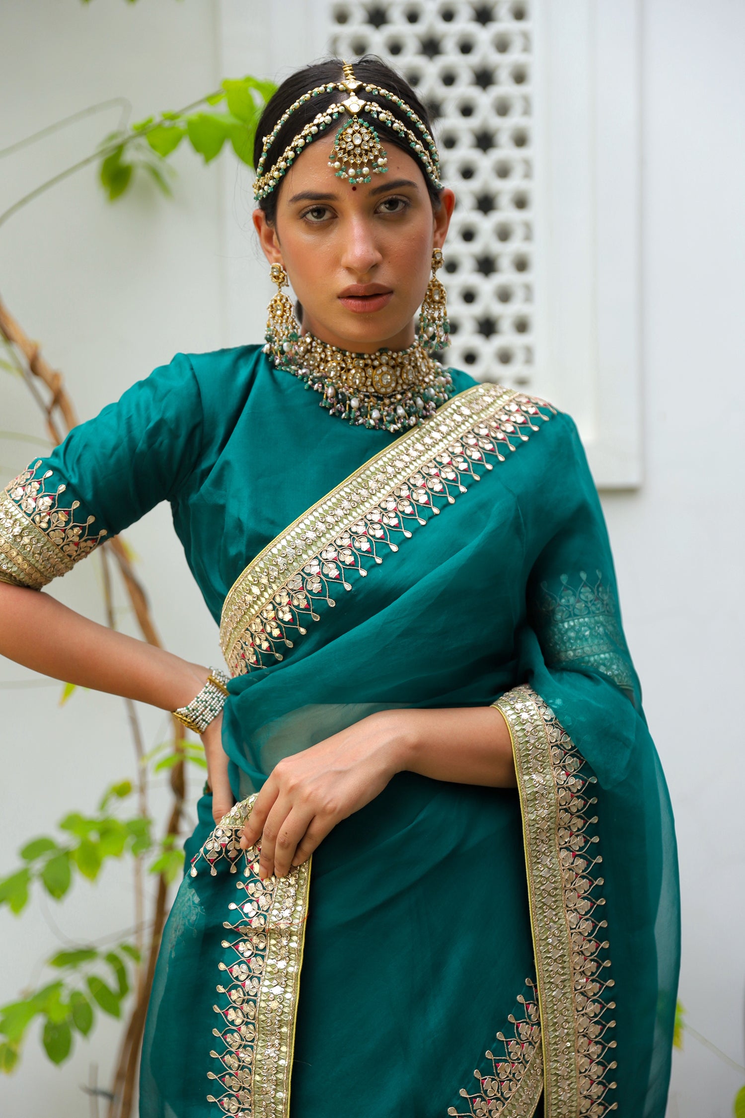 Emerald Green Hand Embroidered Gota Patti Bridal Saree Set