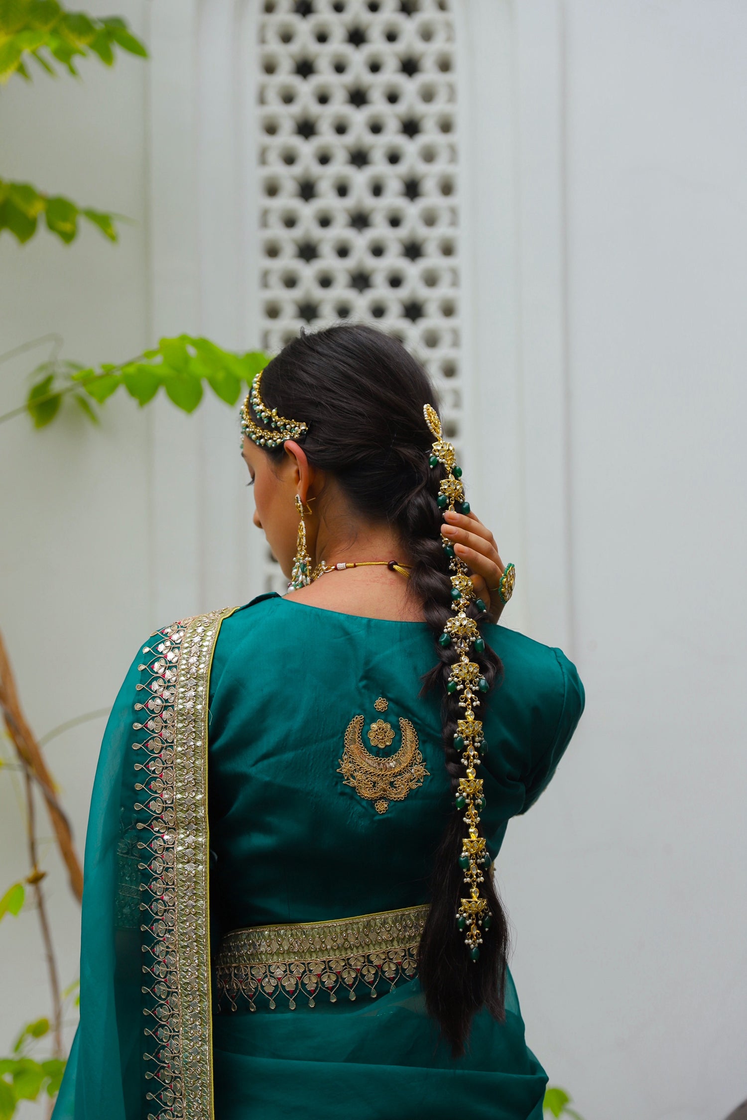 Emerald Green Hand Embroidered Gota Patti Bridal Saree Set