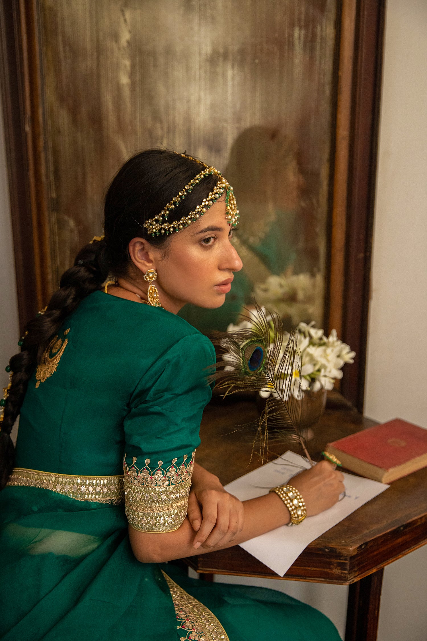 Emerald Green Hand Embroidered Gota Patti Bridal Saree Set