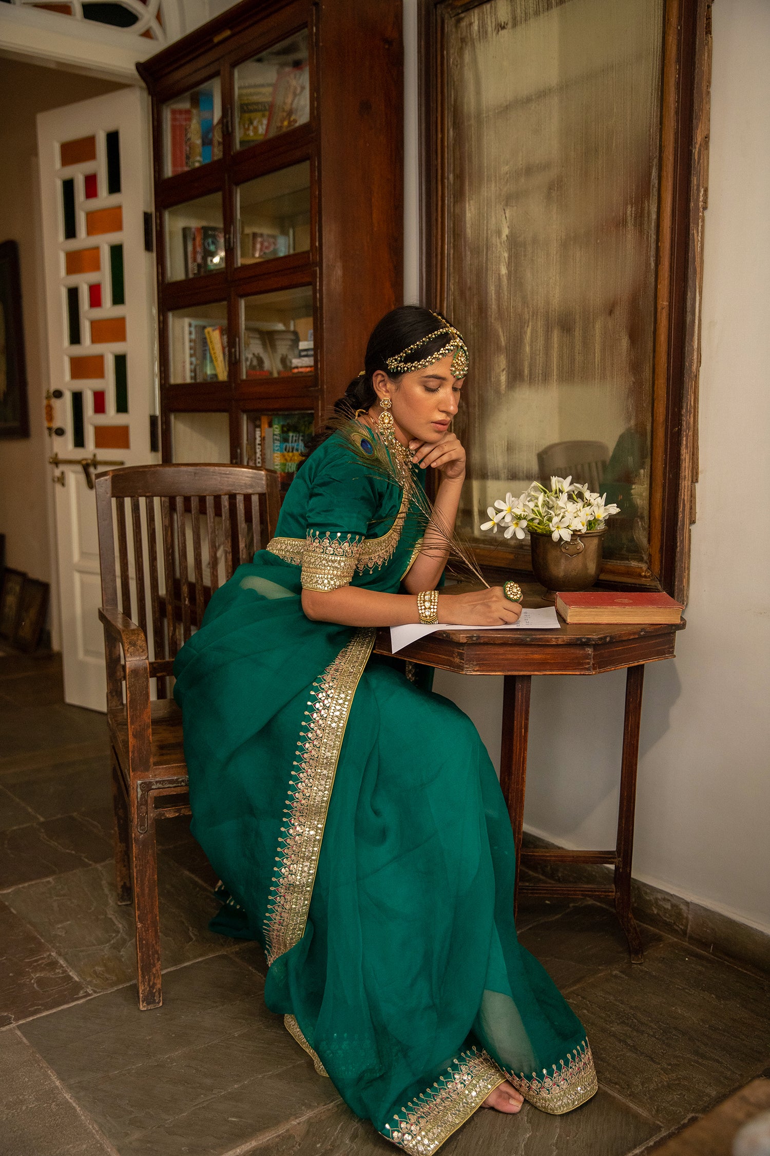 Emerald Green Hand Embroidered Gota Patti Bridal Saree Set