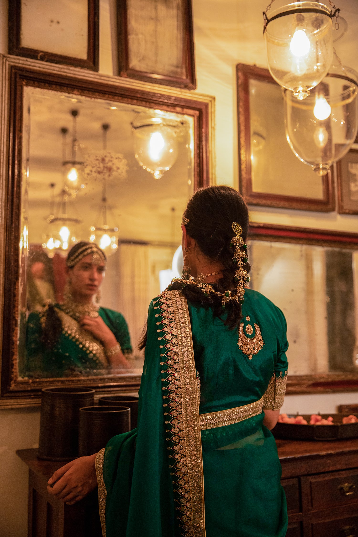 Emerald Green Hand Embroidered Gota Patti Bridal Saree Set