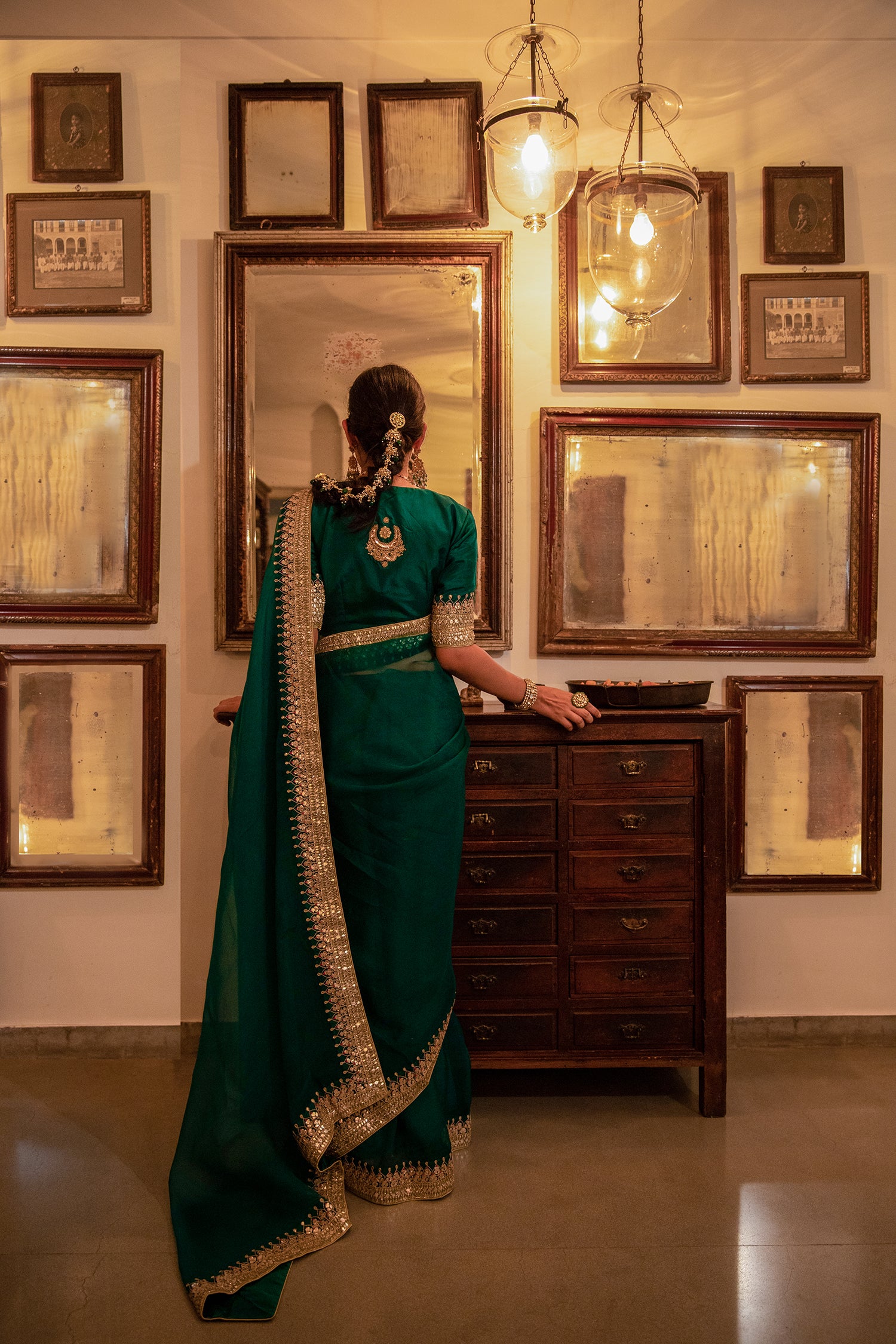 Emerald Green Hand Embroidered Gota Patti Bridal Saree Set