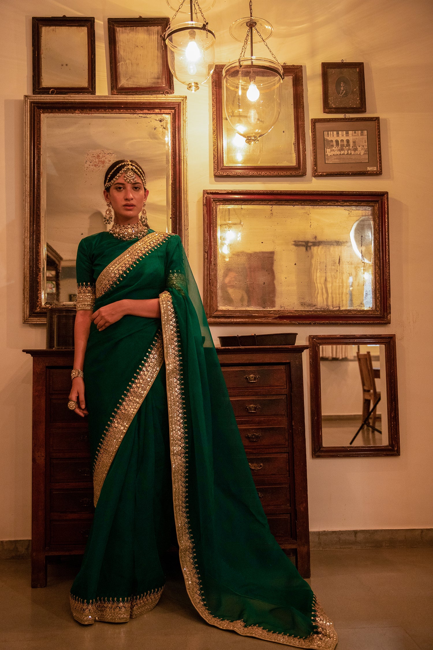 Emerald Green Hand Embroidered Gota Patti Bridal Saree Set
