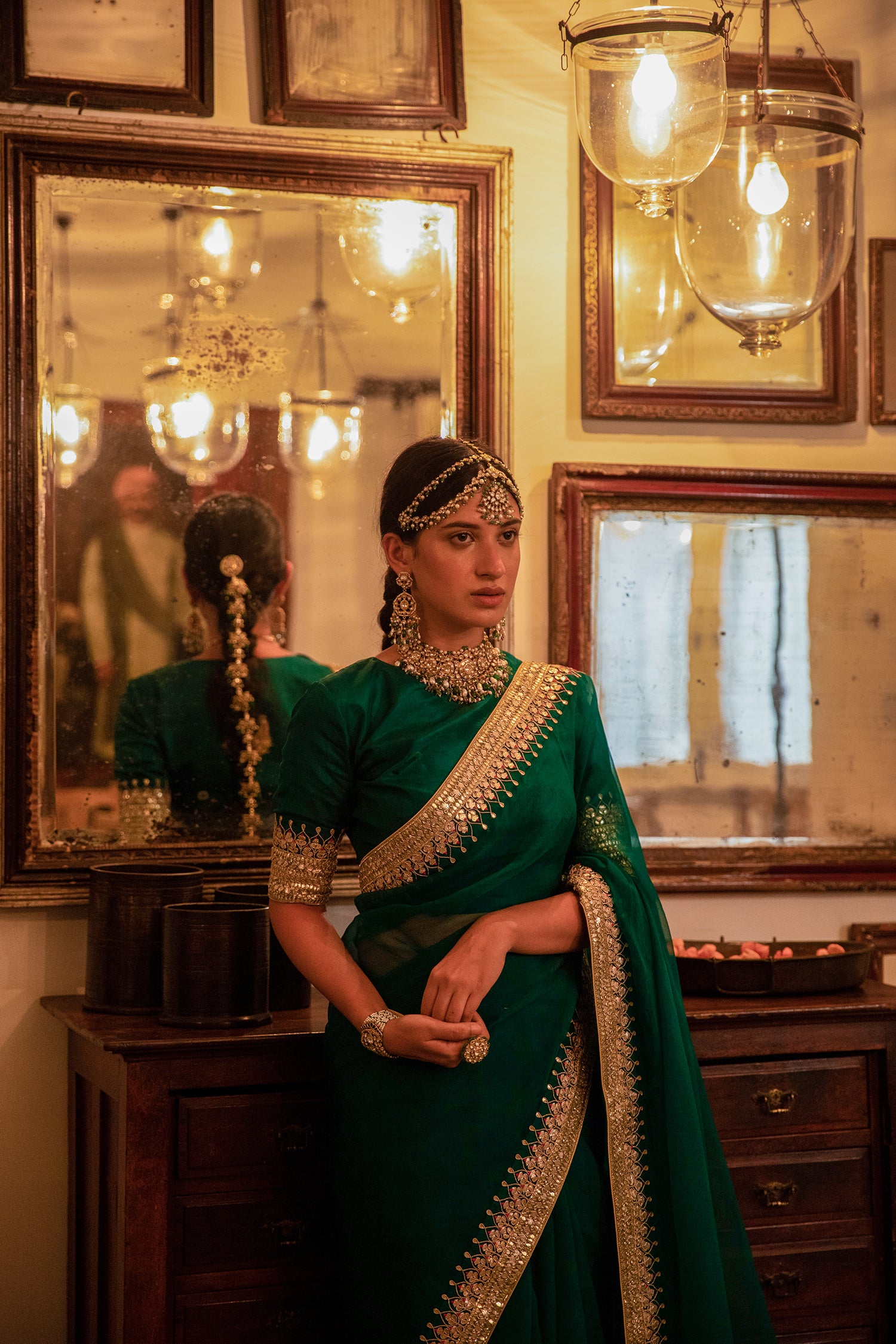 Emerald Green Hand Embroidered Gota Patti Bridal Saree Set