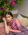 Grey-Red Hand Embroidered Lahariya Saree Set
