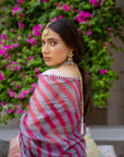 Grey-Red Hand Embroidered Lahariya Saree Set