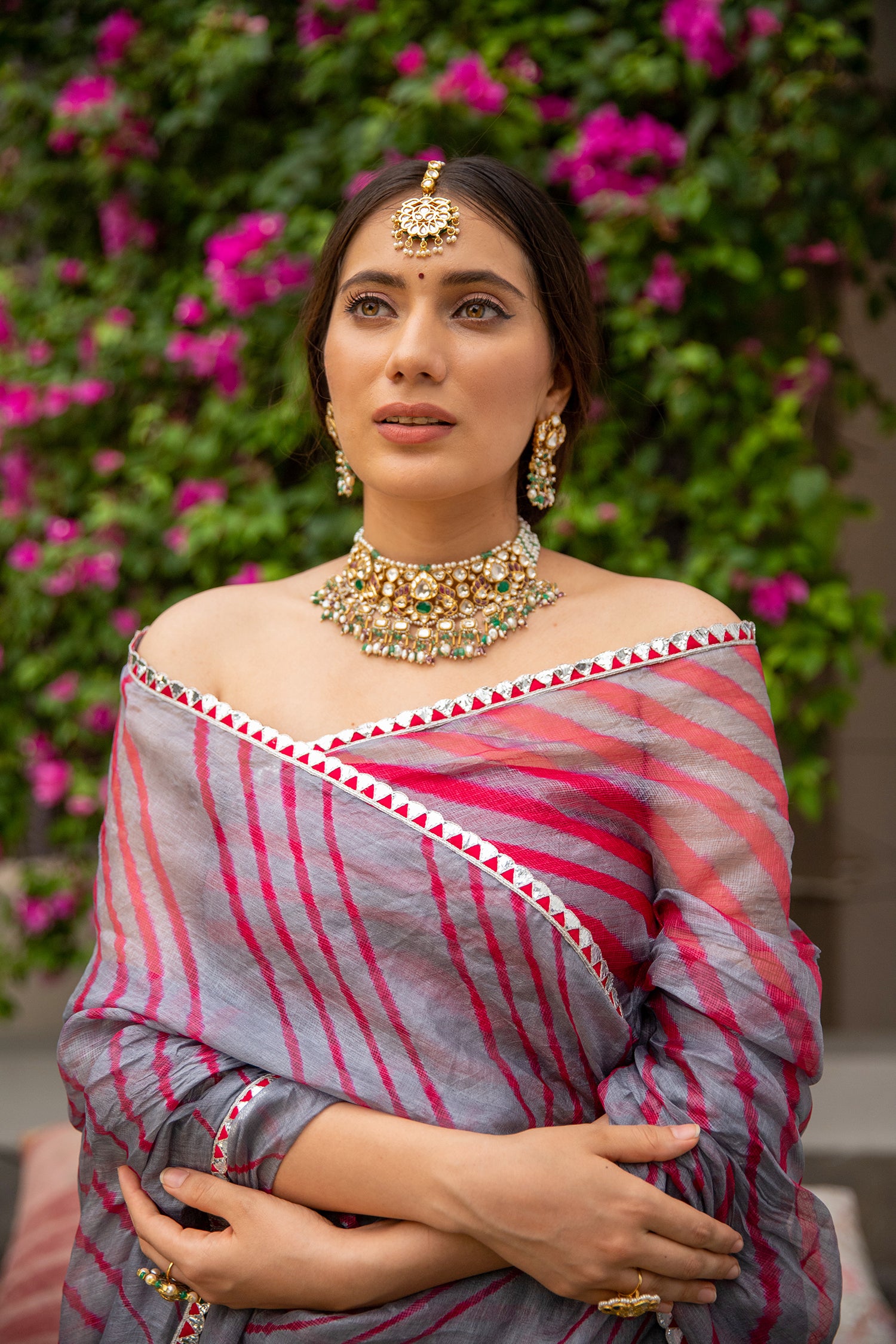 Grey-Red Hand Embroidered Lahariya Saree Set