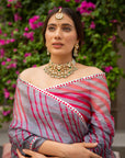 Grey-Red Hand Embroidered Lahariya Saree Set