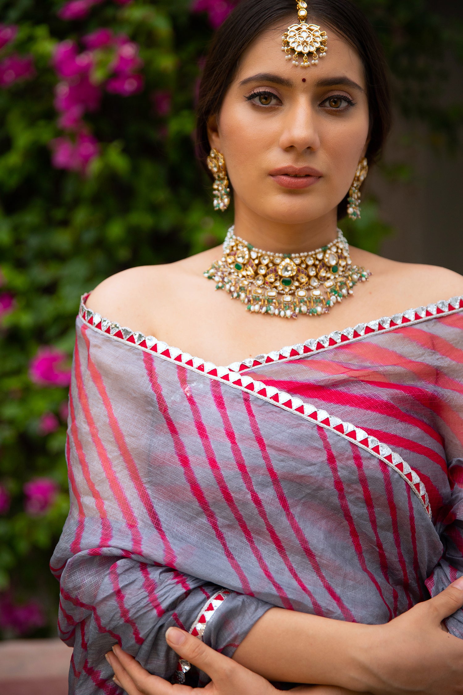 Grey-Red Hand Embroidered Lahariya Saree Set