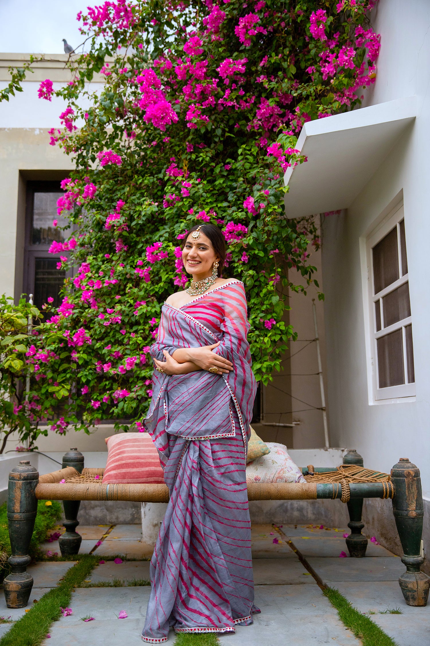 Grey-Red Hand Embroidered Lahariya Saree Set
