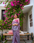 Grey-Red Hand Embroidered Lahariya Saree Set