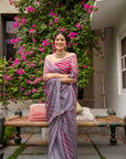Grey-Red Hand Embroidered Lahariya Saree Set
