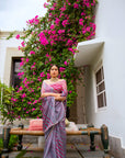 Grey-Red Hand Embroidered Lahariya Saree Set