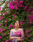 Grey-Red Hand Embroidered Lahariya Saree Set