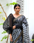 Black Hand Embroidered Lahariya Saree Set