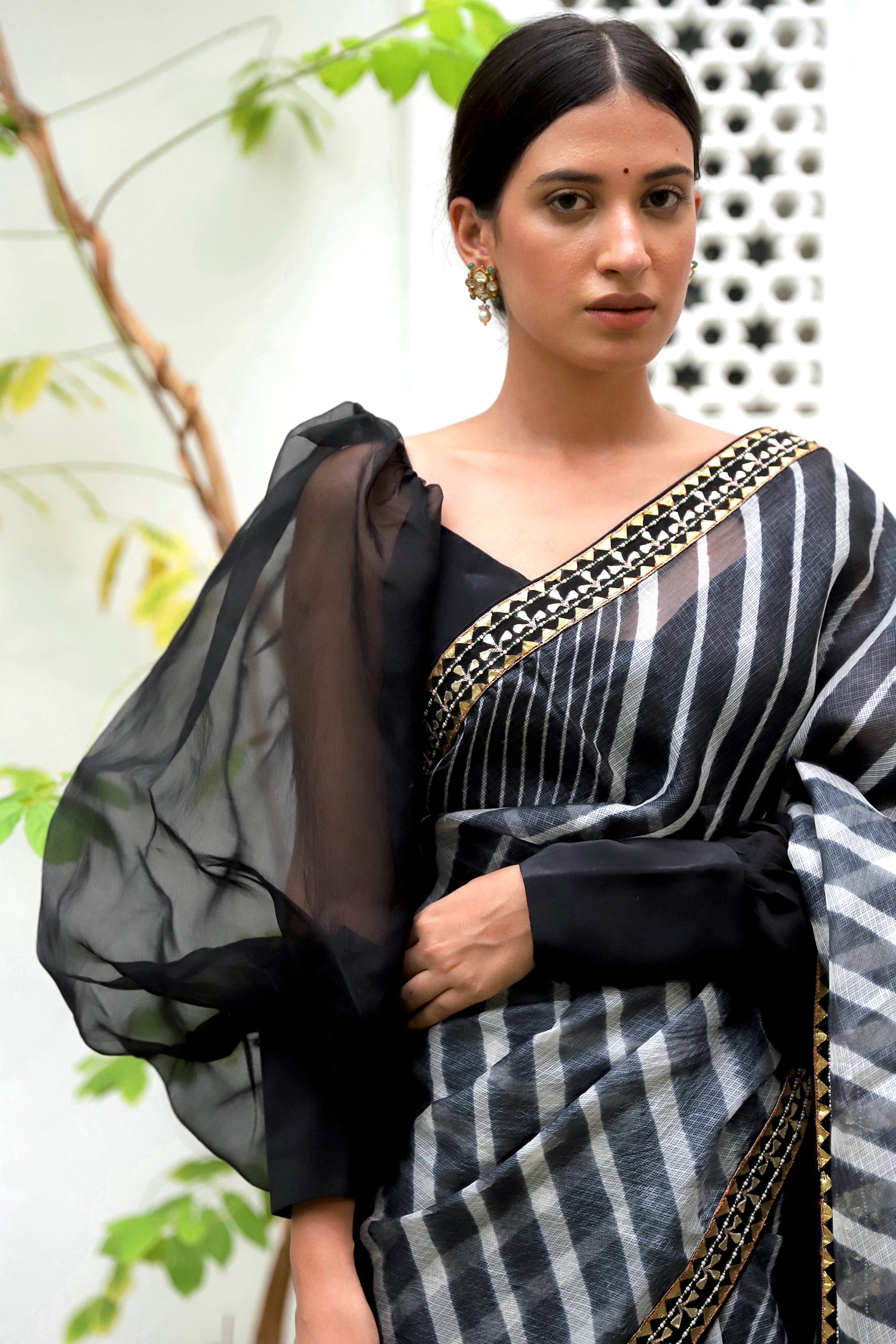 Black Hand Embroidered Lahariya Saree Set