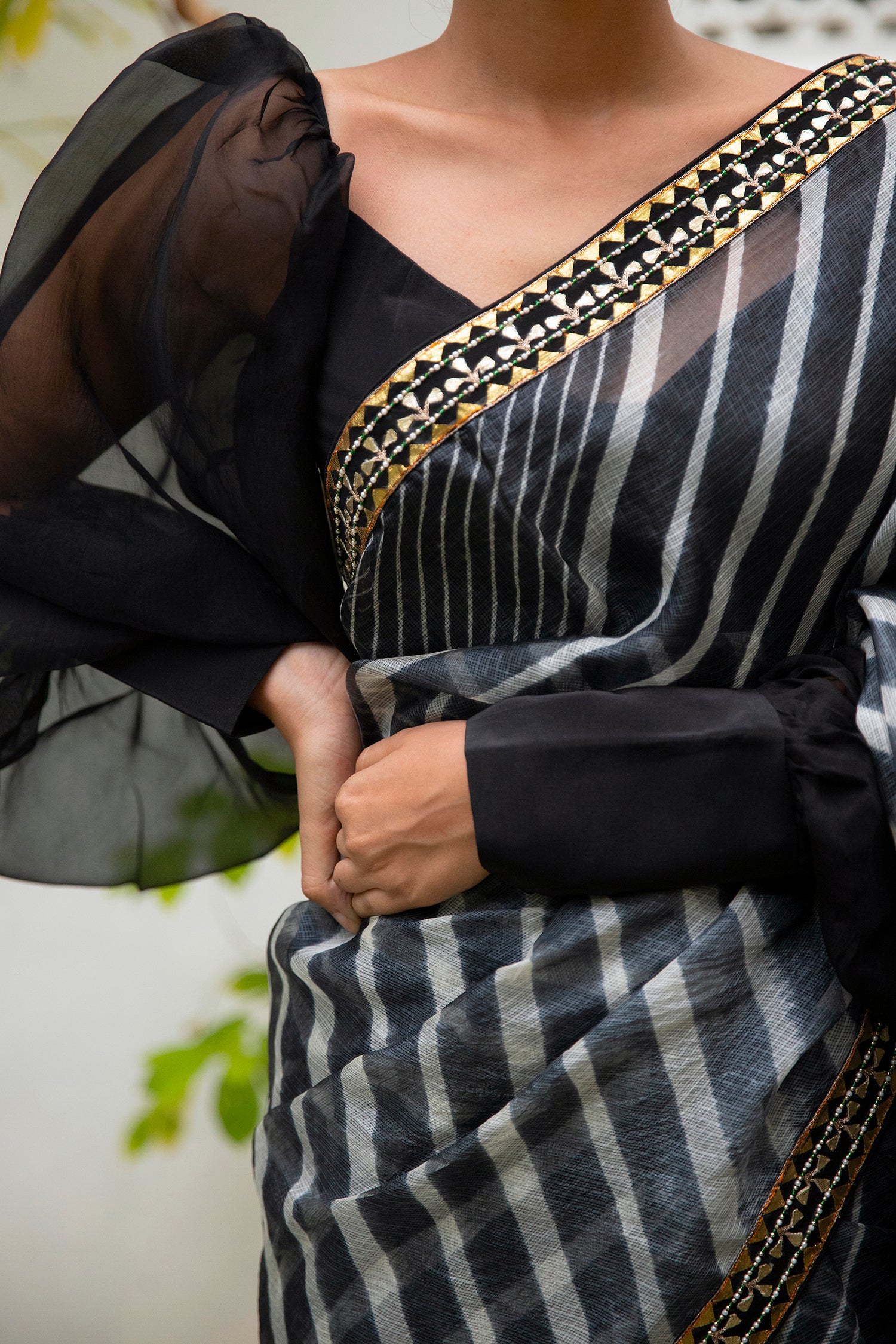 Black Hand Embroidered Lahariya Saree Set