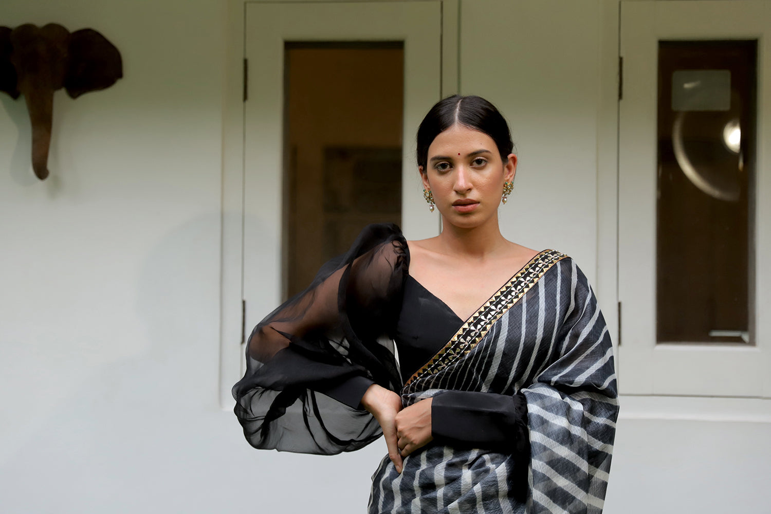 Black Hand Embroidered Lahariya Saree Set