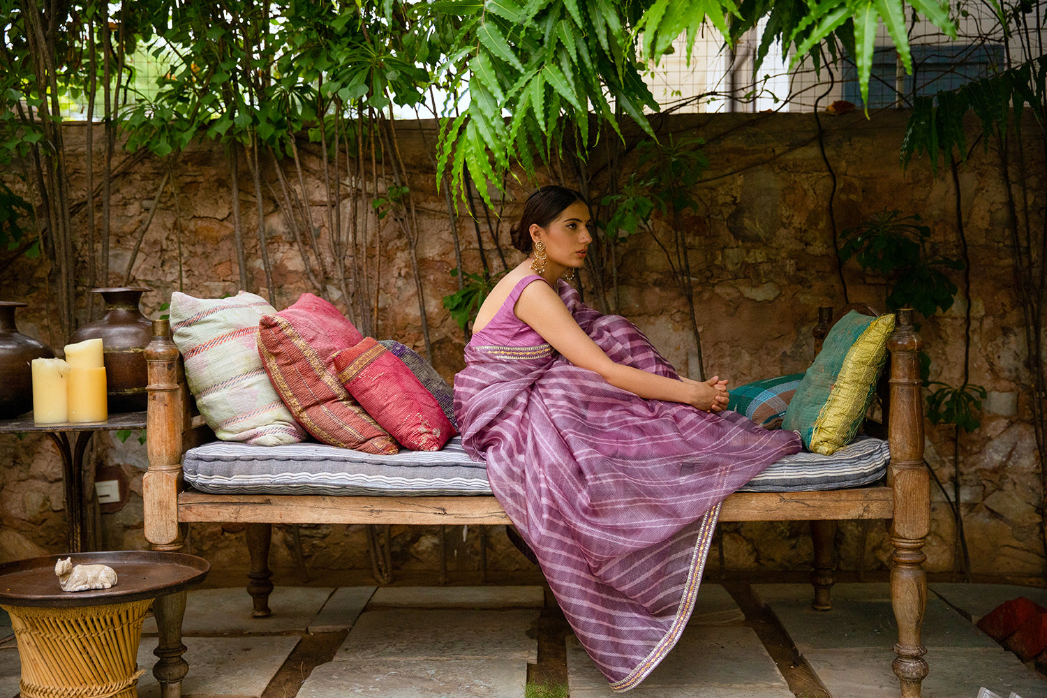 Lilac Hand Embroidered Lahariya Saree Set