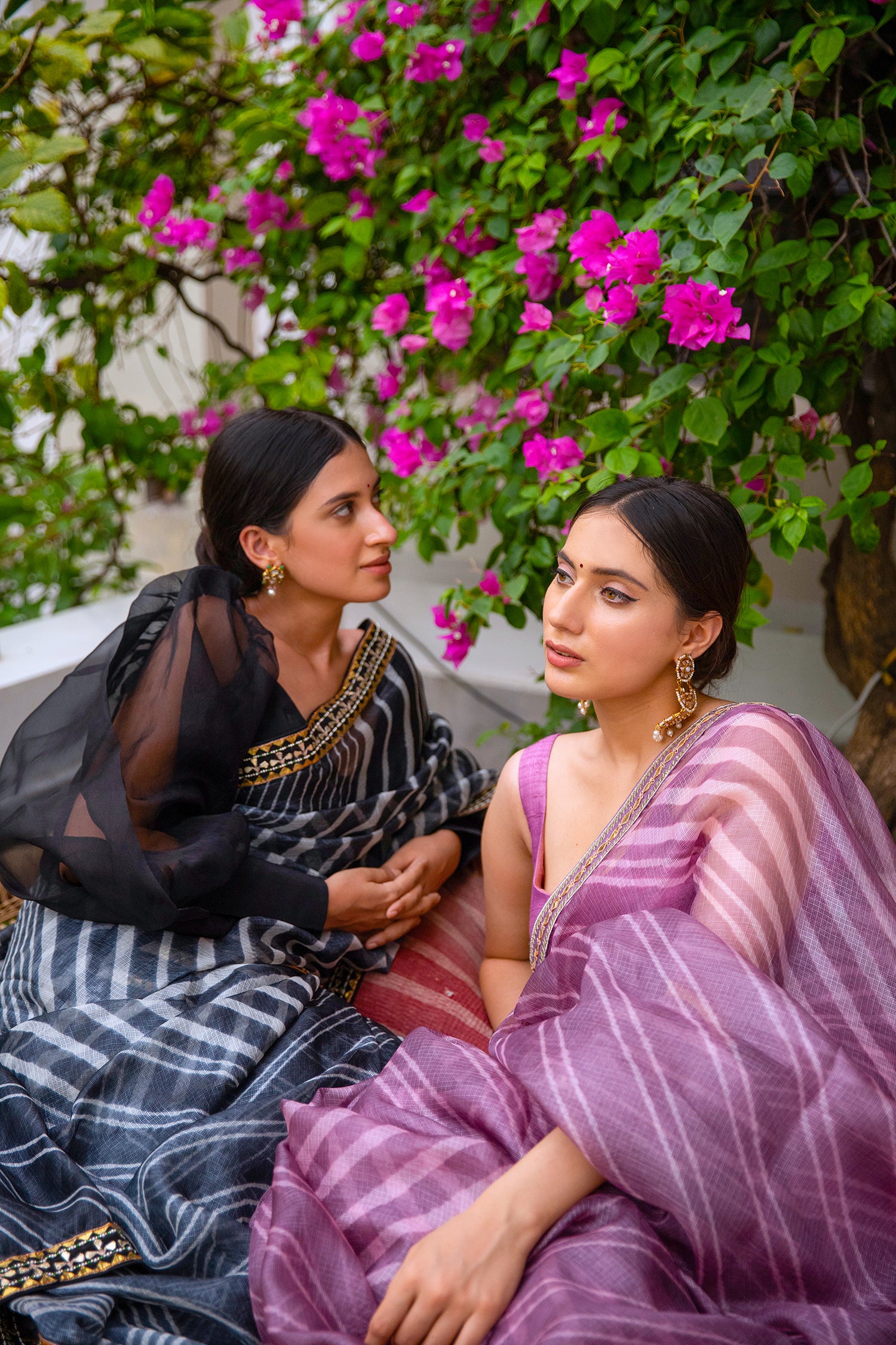 Black Hand Embroidered Lahariya Saree Set