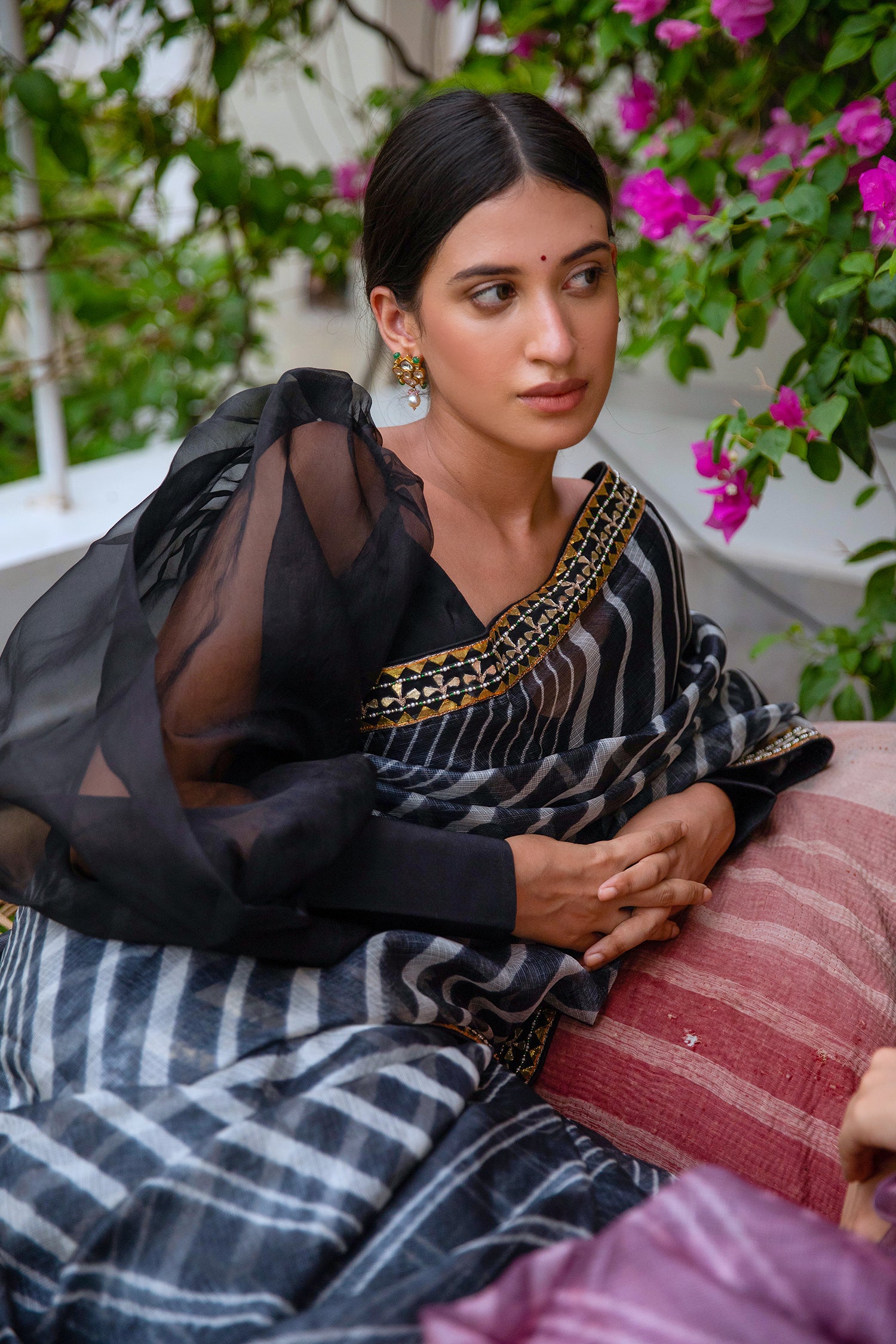 Black Hand Embroidered Lahariya Saree Set