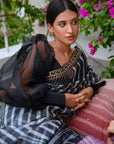 Black Hand Embroidered Lahariya Saree Set