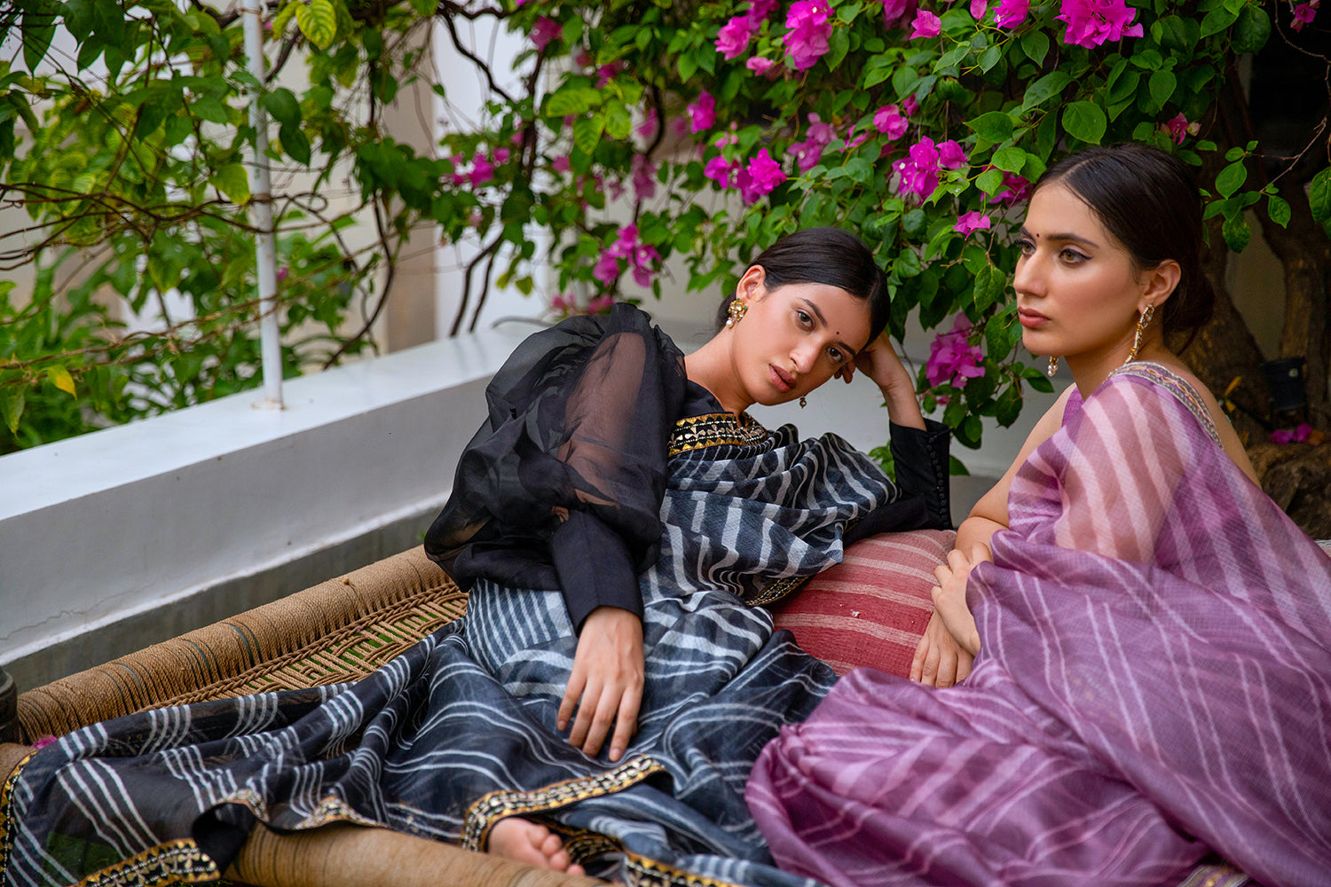 Black Hand Embroidered Lahariya Saree Set