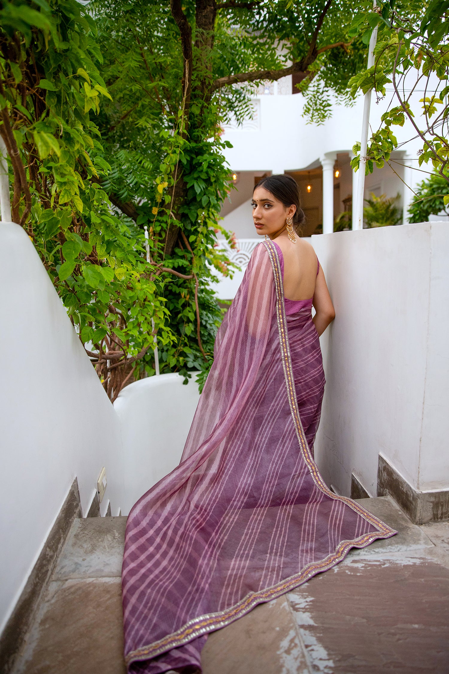 Lilac Hand Embroidered Lahariya Saree Set