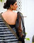 Black Hand Embroidered Lahariya Saree Set