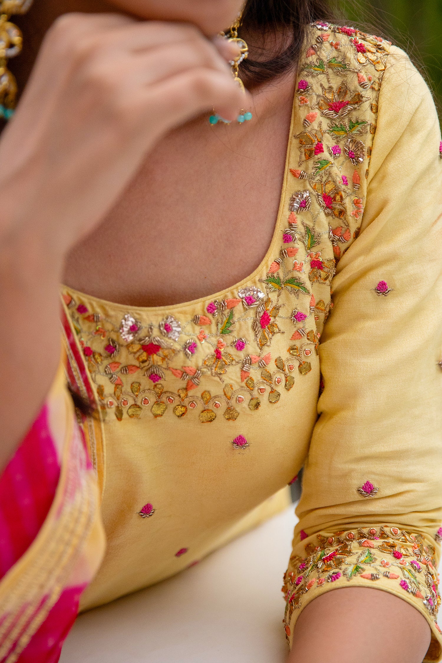 Yellow Hand Embroidered Silk Sharara Set