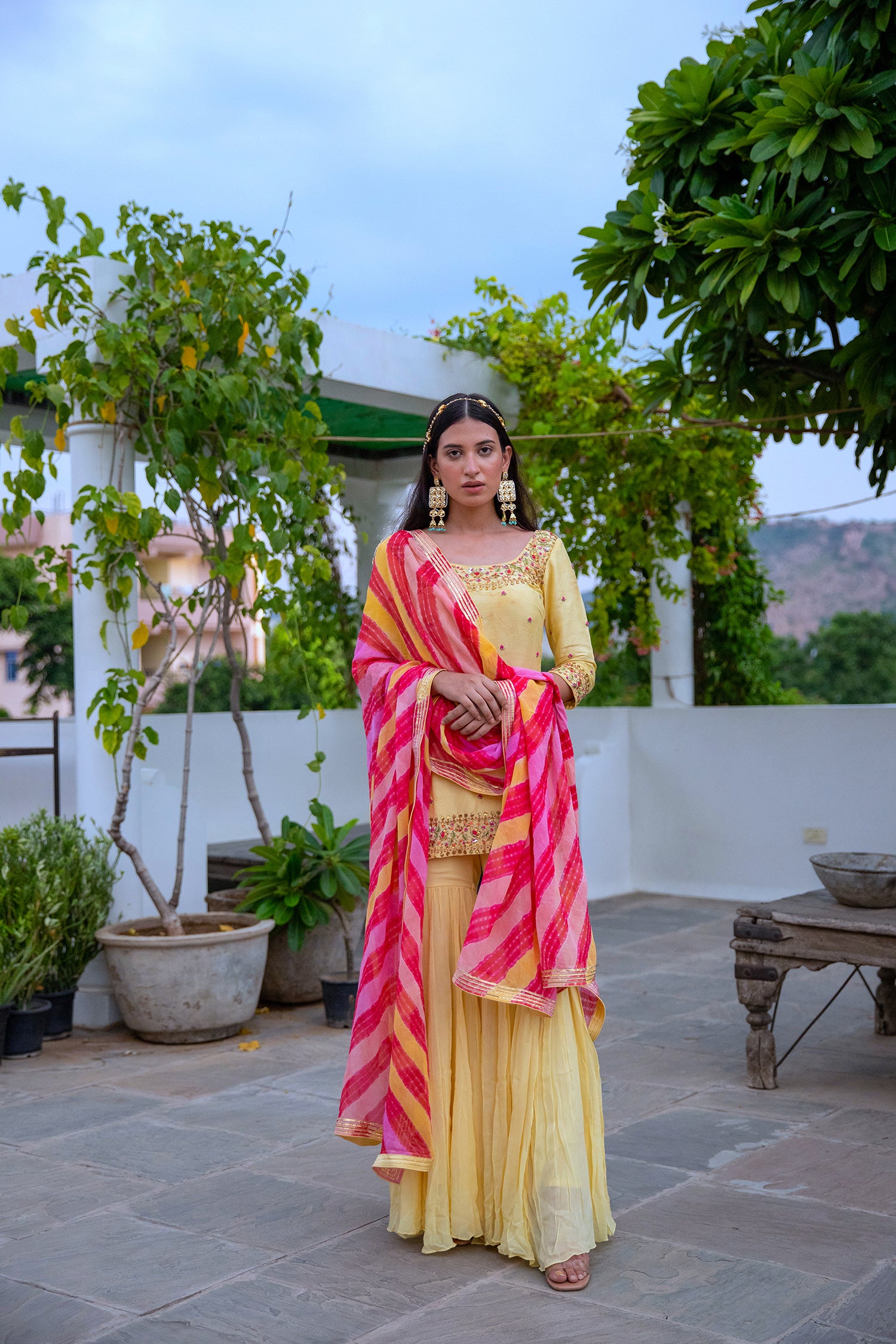 Yellow Hand Embroidered Silk Sharara Set
