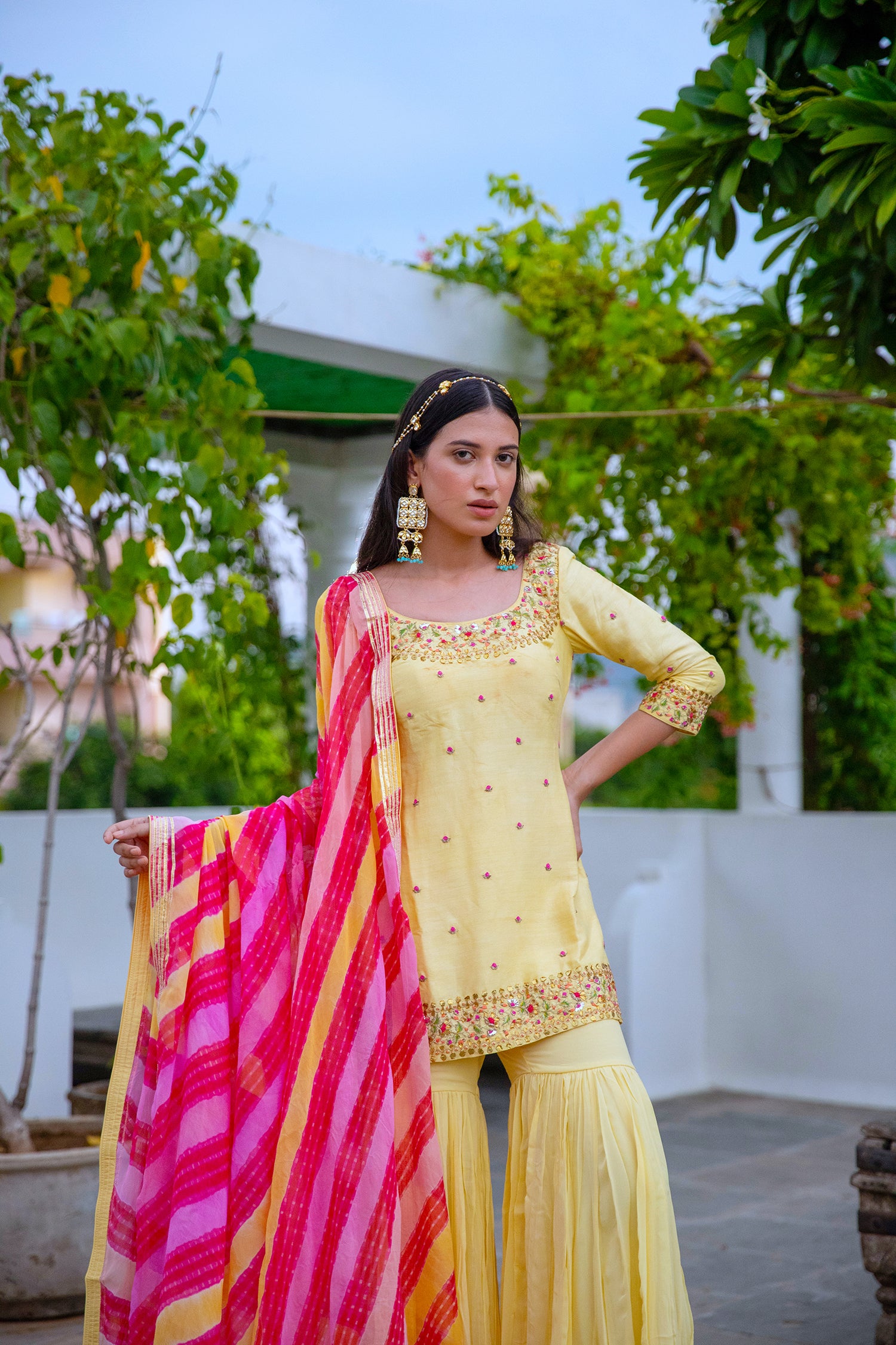 Yellow Hand Embroidered Silk Sharara Set