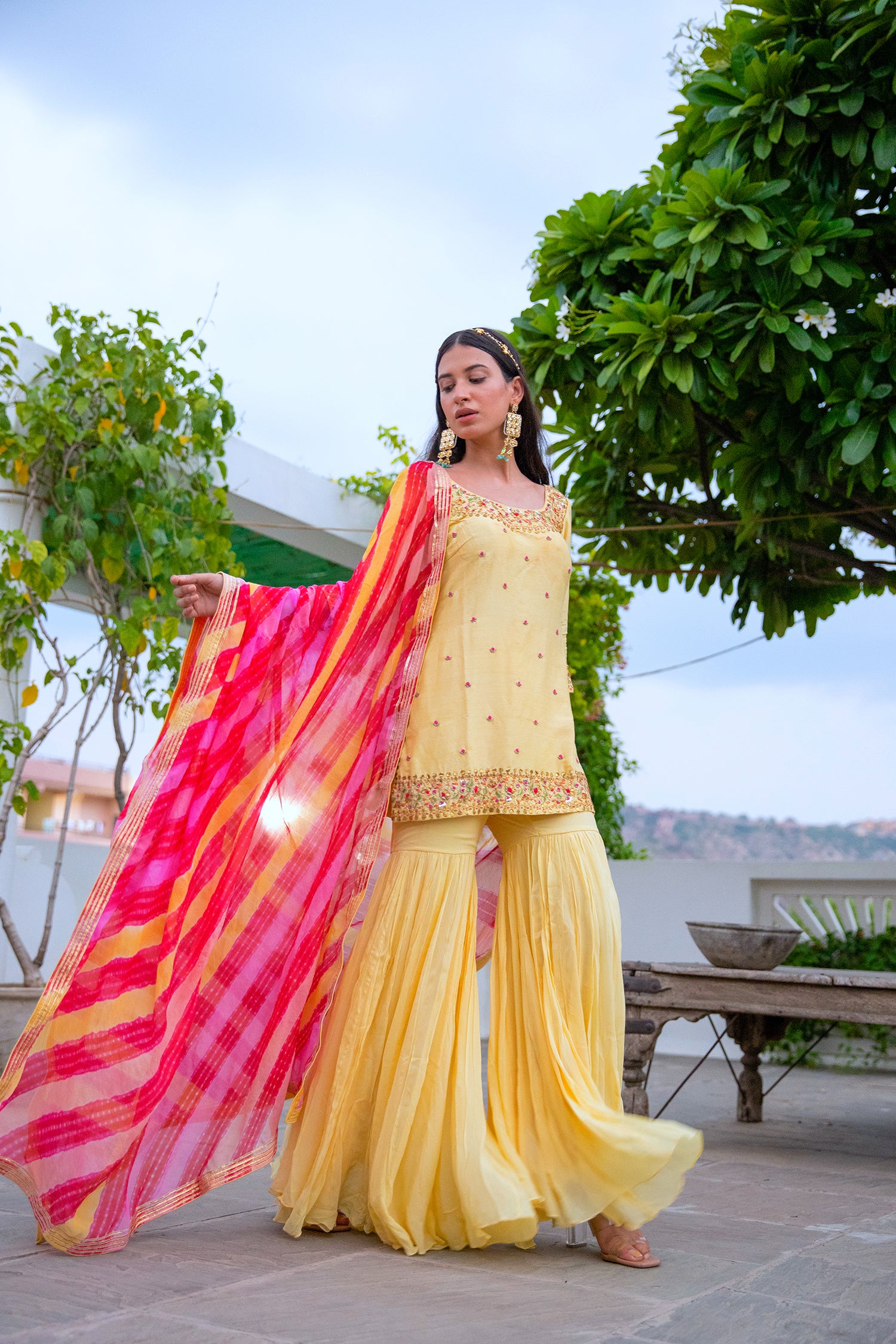 Yellow Hand Embroidered Silk Sharara Set