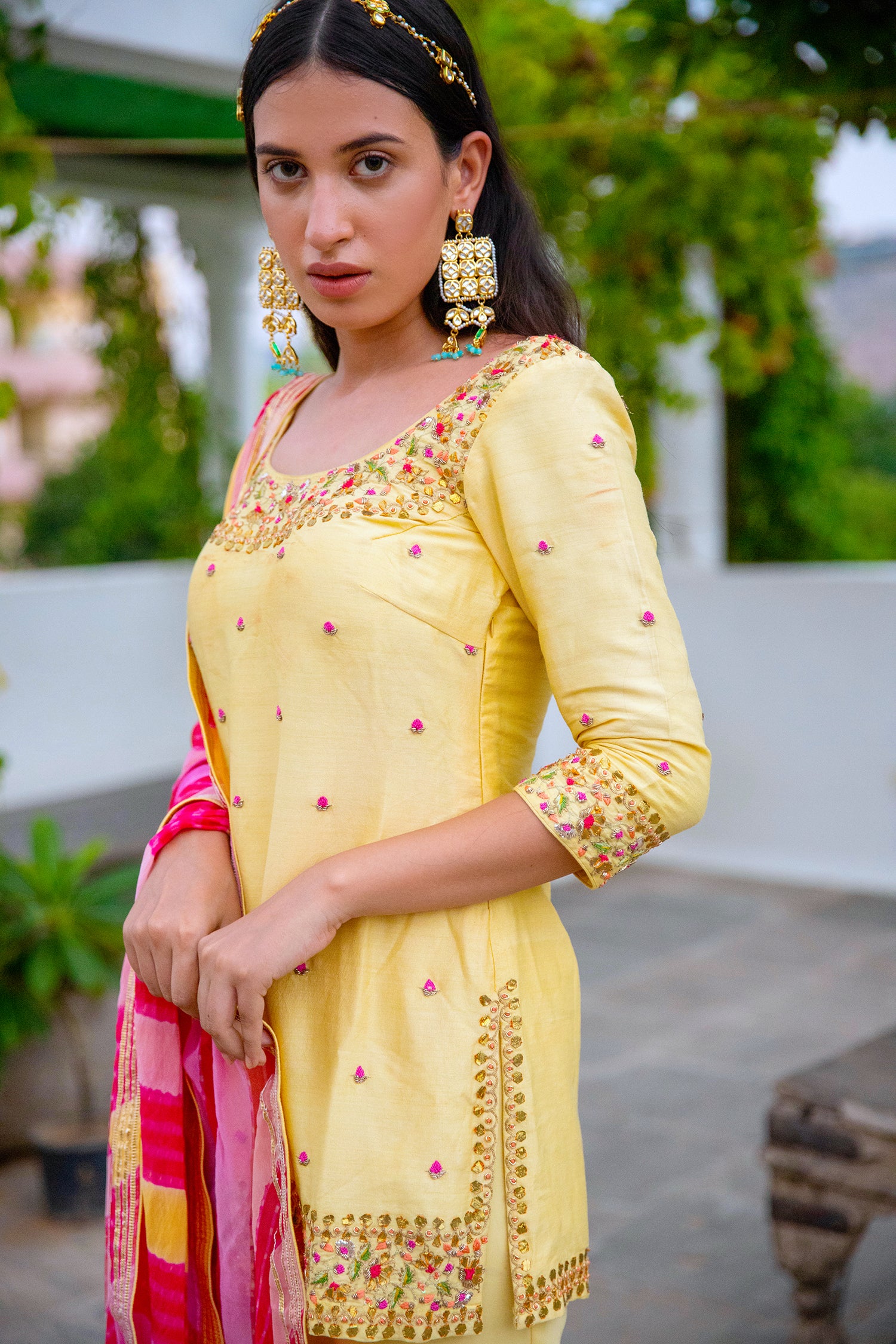 Yellow Hand Embroidered Silk Sharara Set