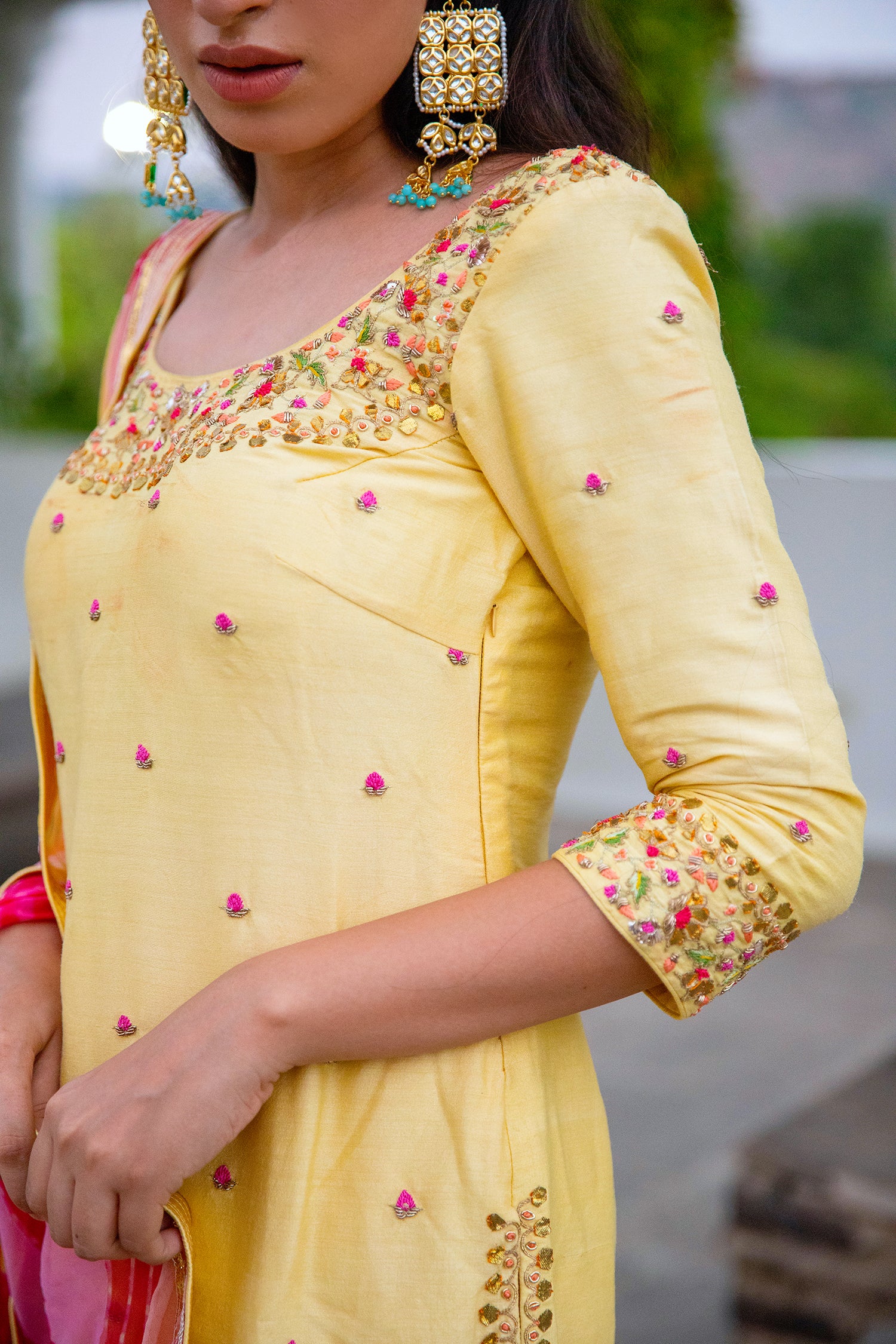 Yellow Hand Embroidered Silk Sharara Set