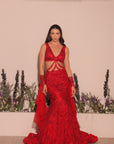 Red Fish Cut Lehenga With Layered Dupatta
