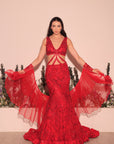 Red Fish Cut Lehenga With Layered Dupatta