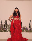 Red Fish Cut Lehenga With Layered Dupatta
